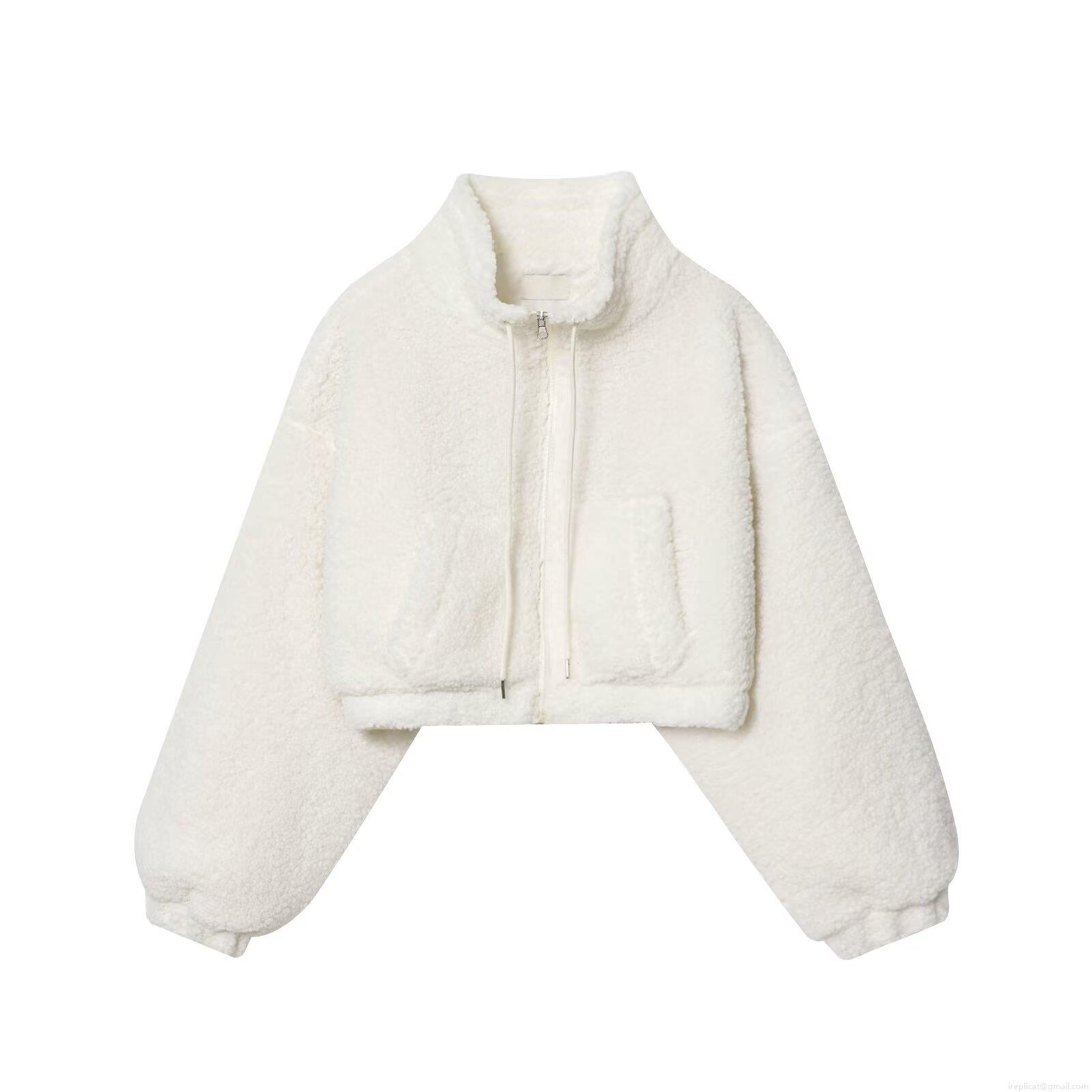 Women's Short Faux Lamb Wool Fleece Jacket Stand Collar Zipper Padded Outwear With Drawstring Casual Solid Color Warm Coat For Autumn Winter